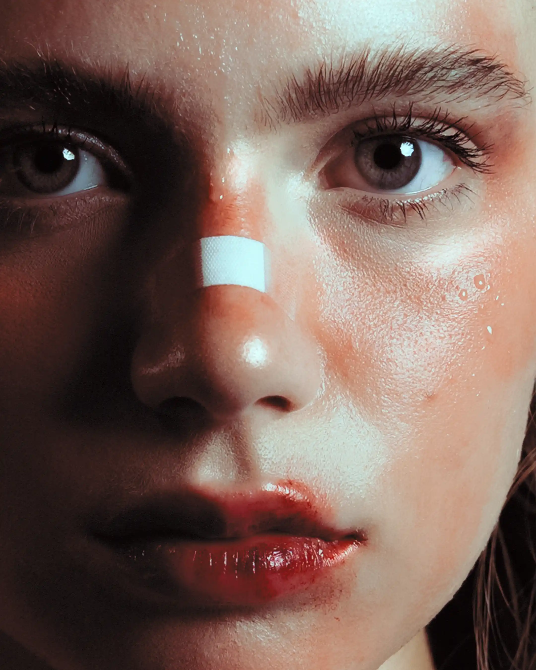 Extreme close-up of Romane Parc's face in hard split light, a strip of tape across the bridge of her nose