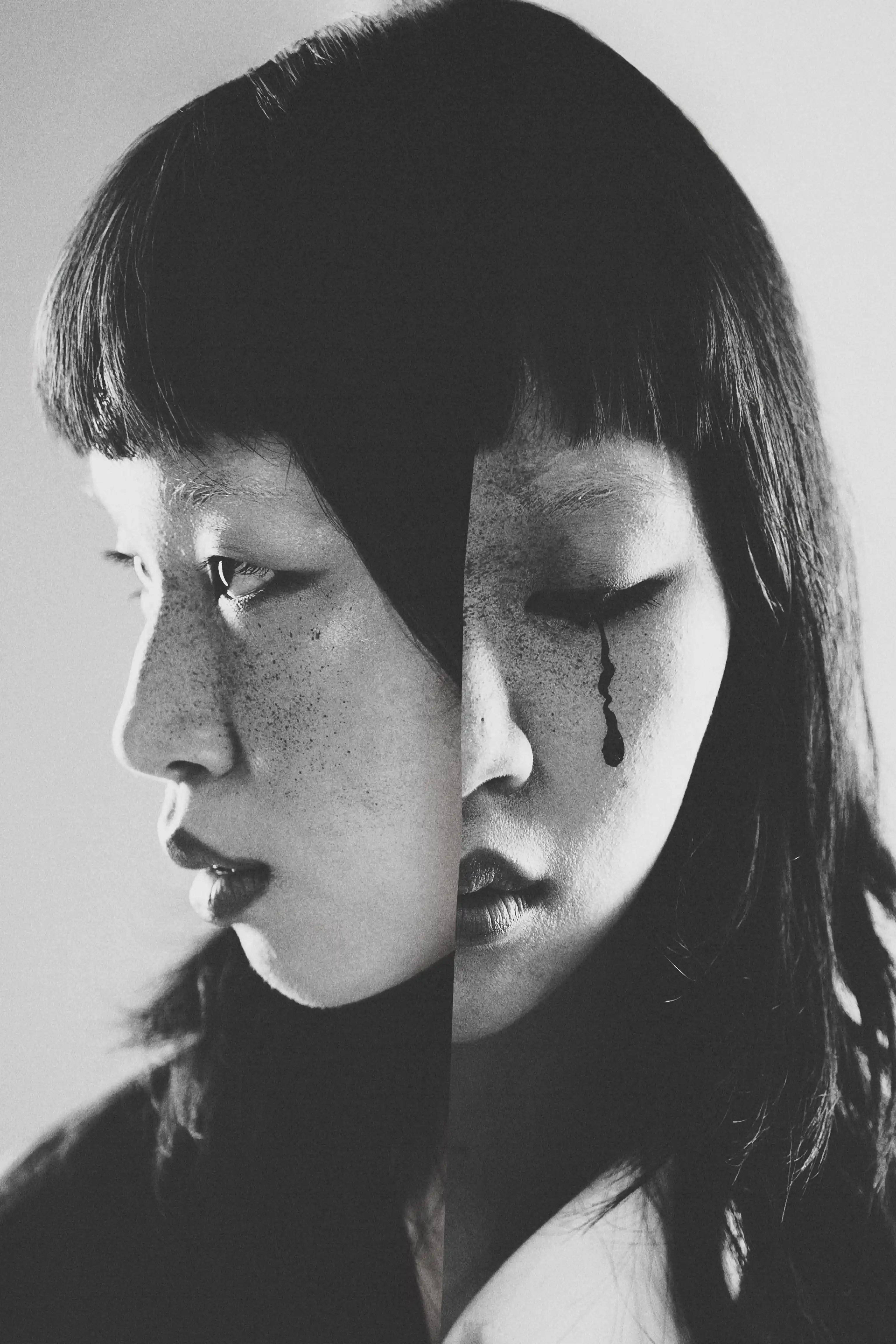Black-and-white splice of Karine P.'s profile and front-facing portrait, a black tear running down the seam