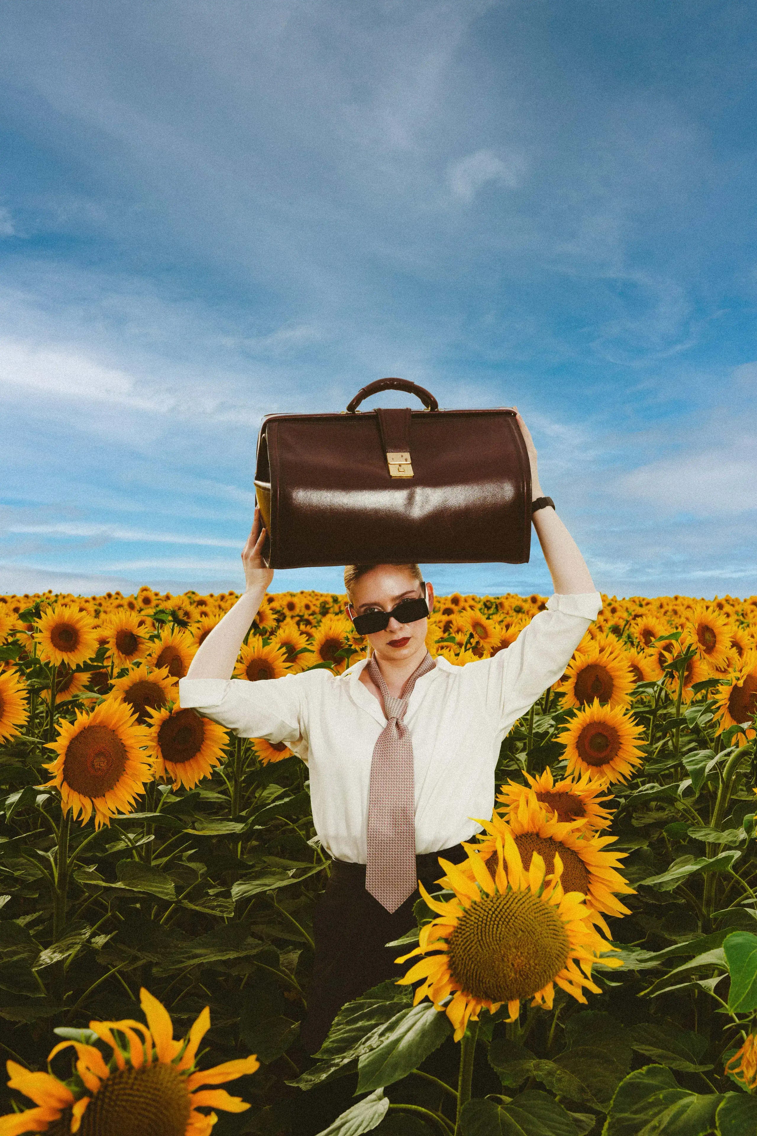 Marine D. holding the leather bag above her head, sunglasses and loosened tie, sunflowers up to her waist