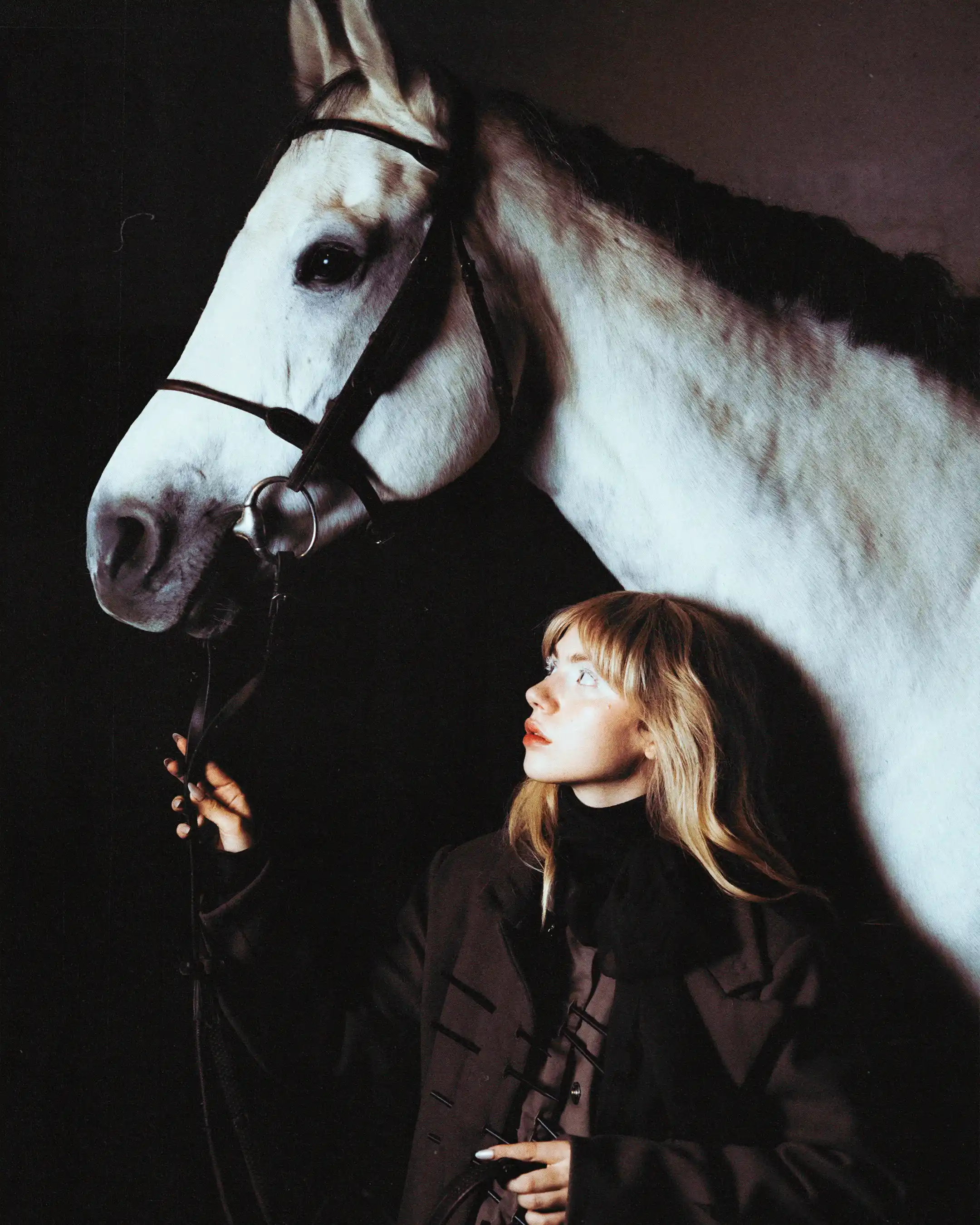 Romane Parc looking up at Cassalo's head, one hand on the bridle, deep shadow filling the frame