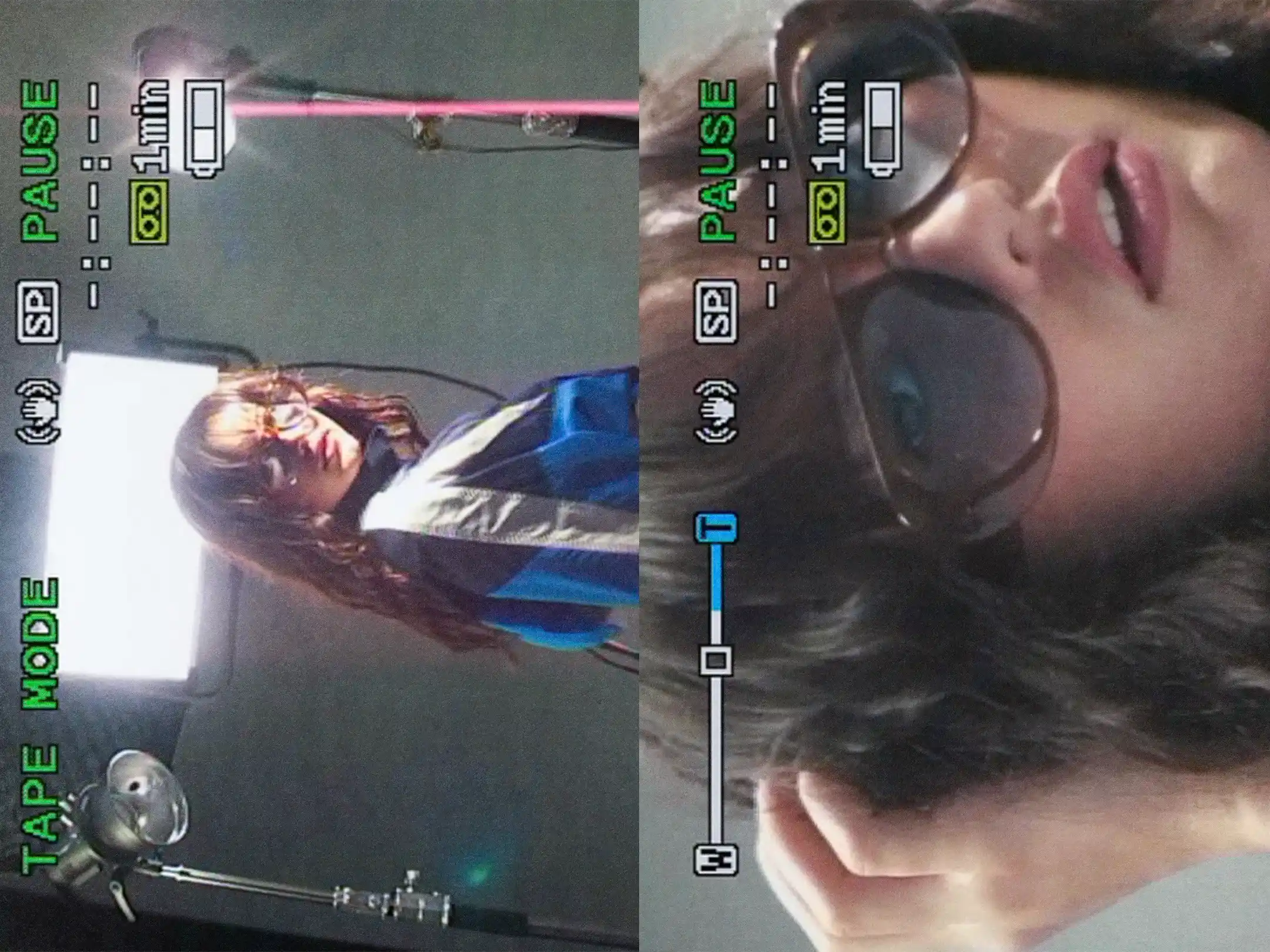 Camcorder-screen diptych from the shoot, tape mode overlay running across a portrait of Taabzzi in sunglasses