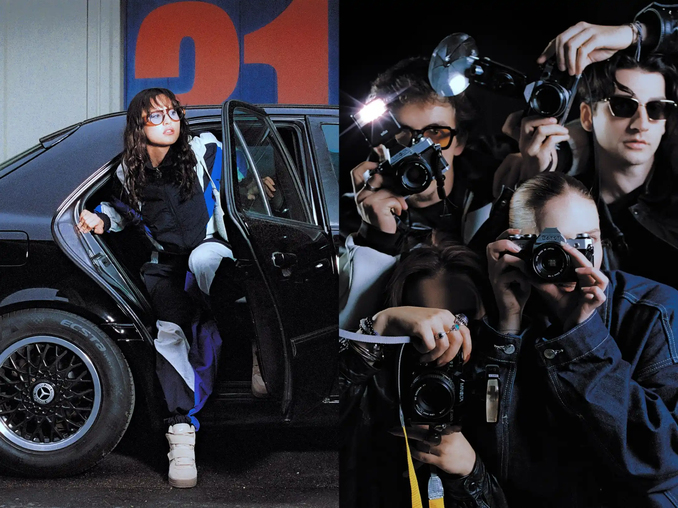 Diptych pairing Taabzzi stepping out of a black car with the wall of paparazzi raising their cameras at her